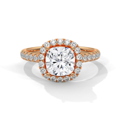 Cushion Cut Lab Diamond Halo Engagement Ring | 2ct Center | Solid Gold | Dainty Pave Diamond Ring | Yellow, Rose & White Gold