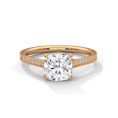 2ct Cushion Cut Lab Diamond Engagement Ring with Pave Band | Solid Gold Solitaire Ring in Yellow, Rose & White Gold | VVS Clarity