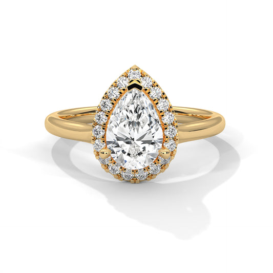 Pear Cut Lab Diamond Halo Engagement Ring – Solid Gold Solitaire Ring with Accent Diamonds | 14K 18K 10K Yellow, Rose, White Gold