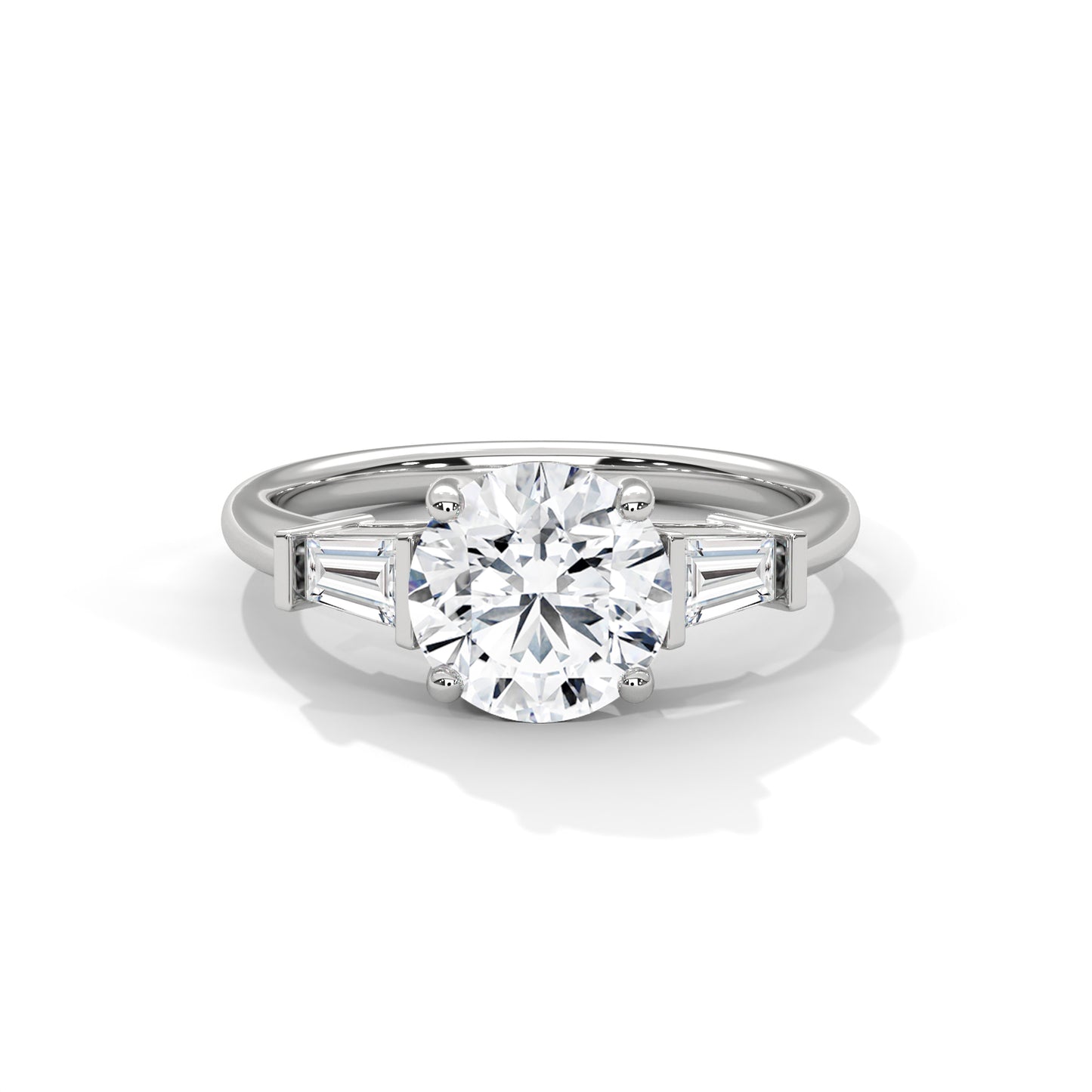 Elegant 3-Stone Lab Diamond Engagement Ring | Round Cut with Baguette Accents | Available in 10K 14K 18K Gold & 925 Silver