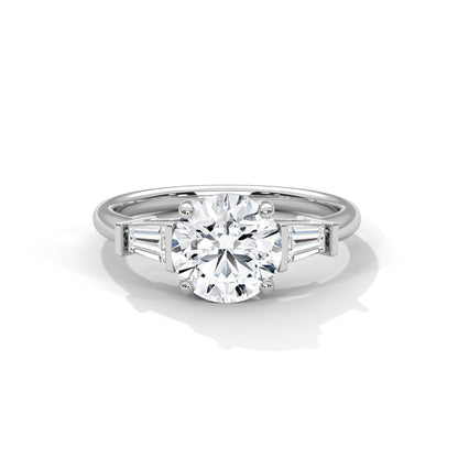 Elegant 3-Stone Lab Diamond Engagement Ring | Round Cut with Baguette Accents | Available in 10K 14K 18K Gold & 925 Silver