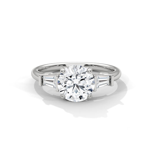 Elegant 3-Stone Lab Diamond Engagement Ring | Round Cut with Baguette Accents | Available in 10K 14K 18K Gold & 925 Silver