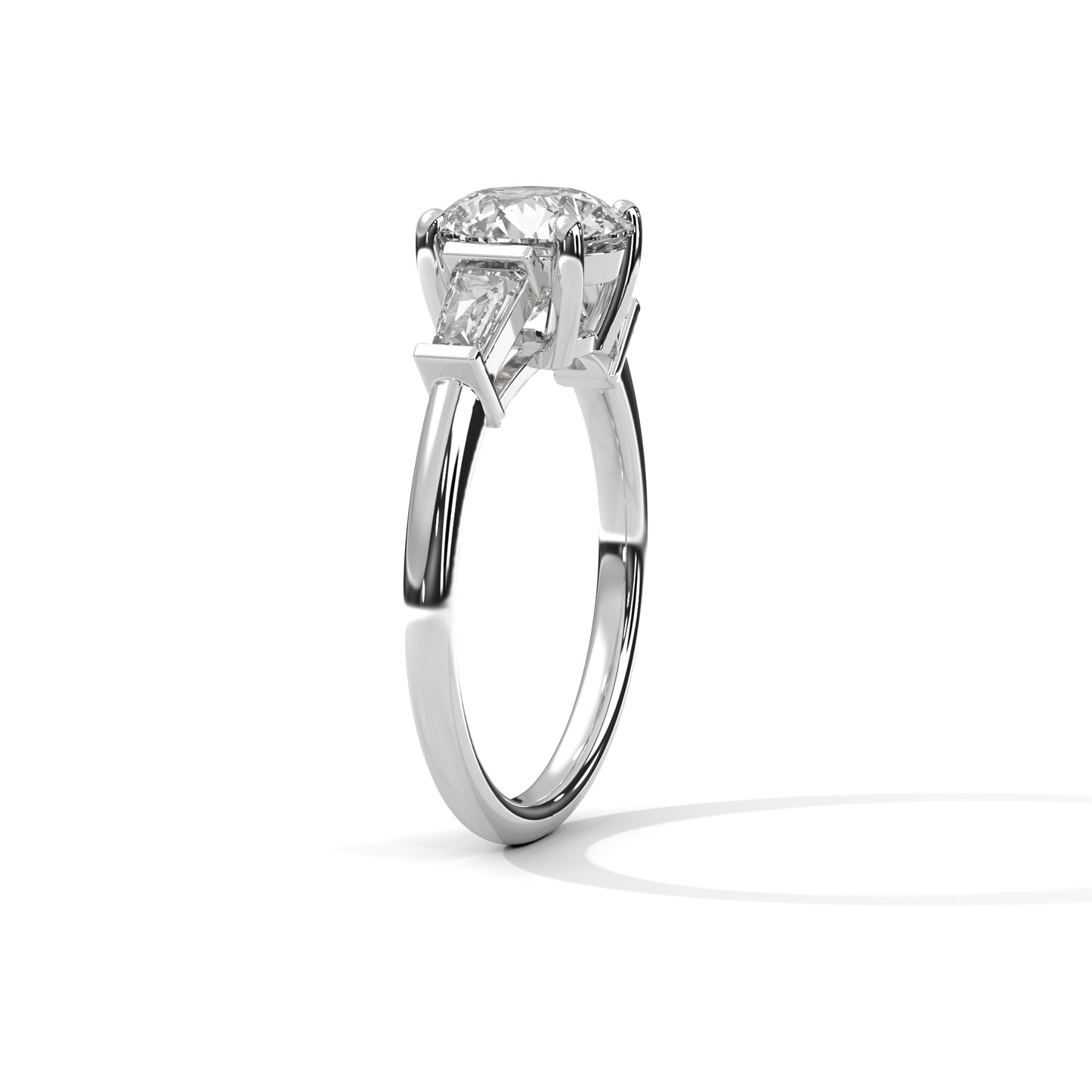 Elegant 3-Stone Lab Diamond Engagement Ring | Round Cut with Baguette Accents | Available in 10K 14K 18K Gold & 925 Silver