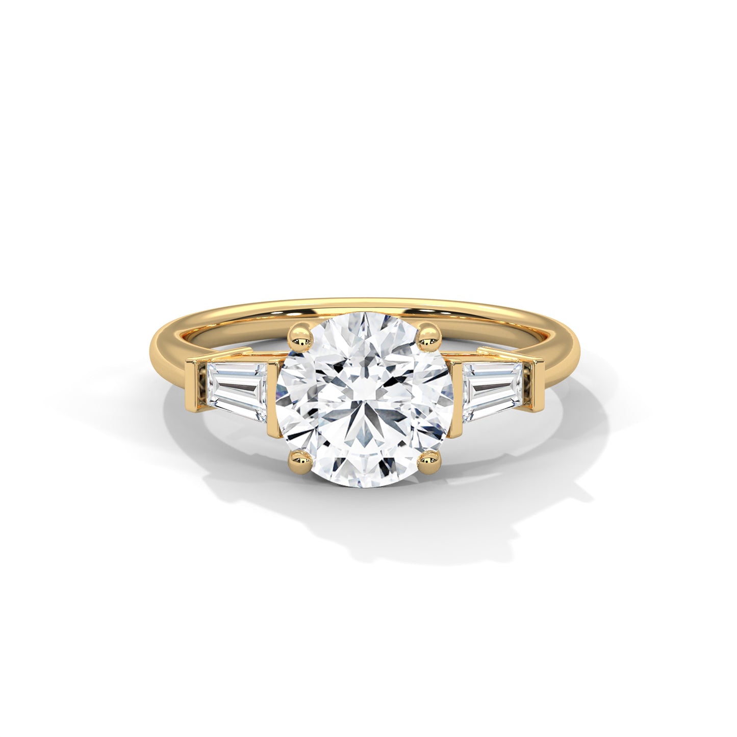 Elegant 3-Stone Lab Diamond Engagement Ring | Round Cut with Baguette Accents | Available in 10K 14K 18K Gold & 925 Silver