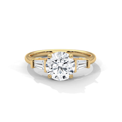 Elegant 3-Stone Lab Diamond Engagement Ring | Round Cut with Baguette Accents | Available in 10K 14K 18K Gold & 925 Silver