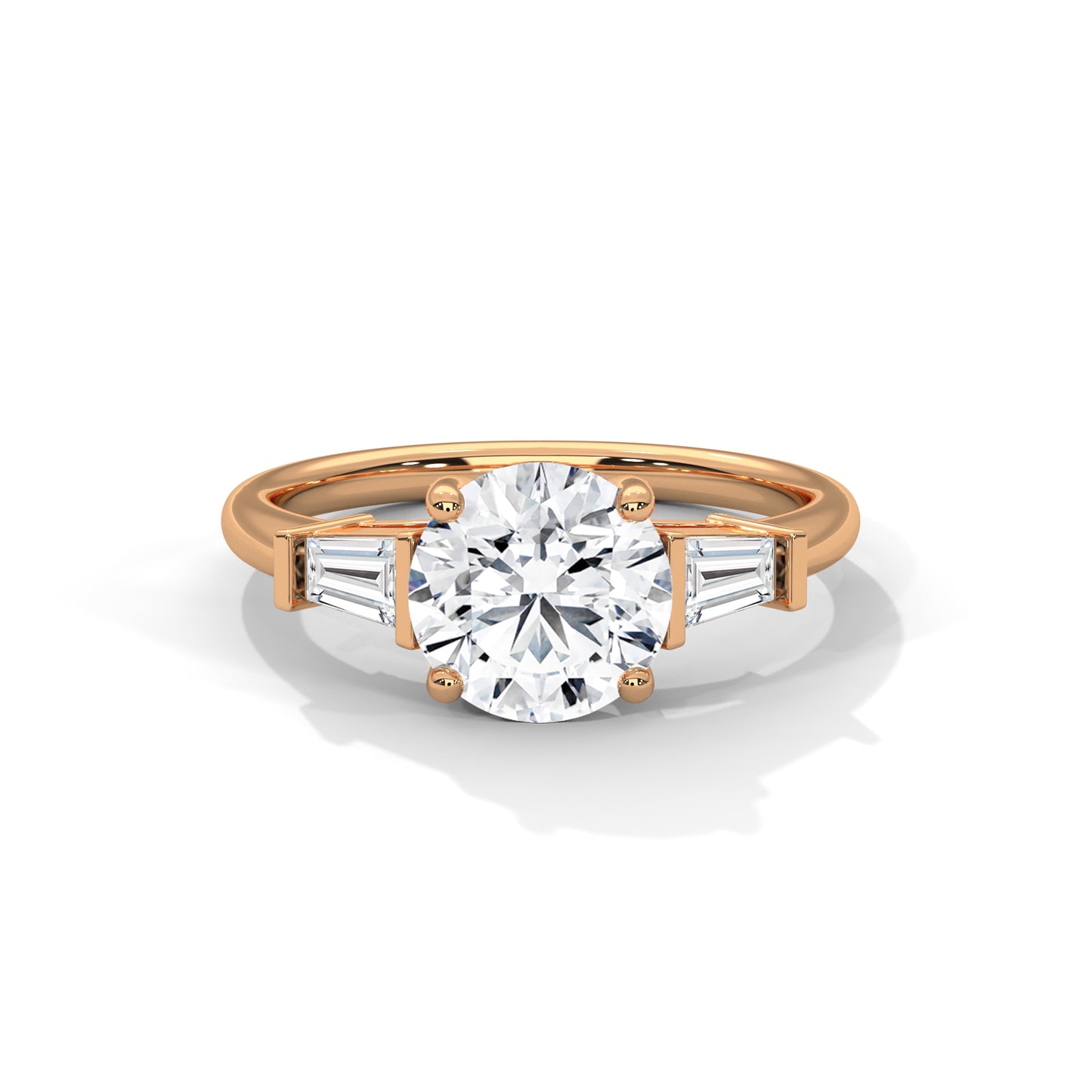 Elegant 3-Stone Lab Diamond Engagement Ring | Round Cut with Baguette Accents | Available in 10K 14K 18K Gold & 925 Silver