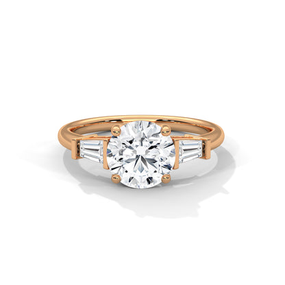 Elegant 3-Stone Lab Diamond Engagement Ring | Round Cut with Baguette Accents | Available in 10K 14K 18K Gold & 925 Silver