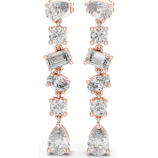 2.88 CT Lab Diamond Drop Earrings | Mixed Cut: Pear, Oval, Baguette, Round | VVS–VS EF | 18KT, 14KT, 10KT Gold & 925 Silver | Rose, Yellow, White Gold