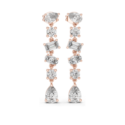 2.88 CT Lab Diamond Drop Earrings | Mixed Cut: Pear, Oval, Baguette, Round | VVS–VS EF | 18KT, 14KT, 10KT Gold & 925 Silver | Rose, Yellow, White Gold