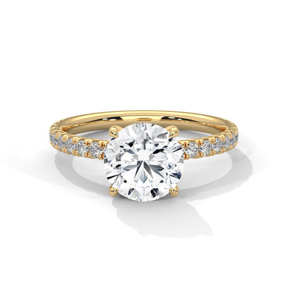 Round Solitaire Lab Diamond Engagement Ring | Solid Gold or 925 Silver | 4 Prong Pave Setting | Customizable 10K 14K 18K | Anniversary Ring
