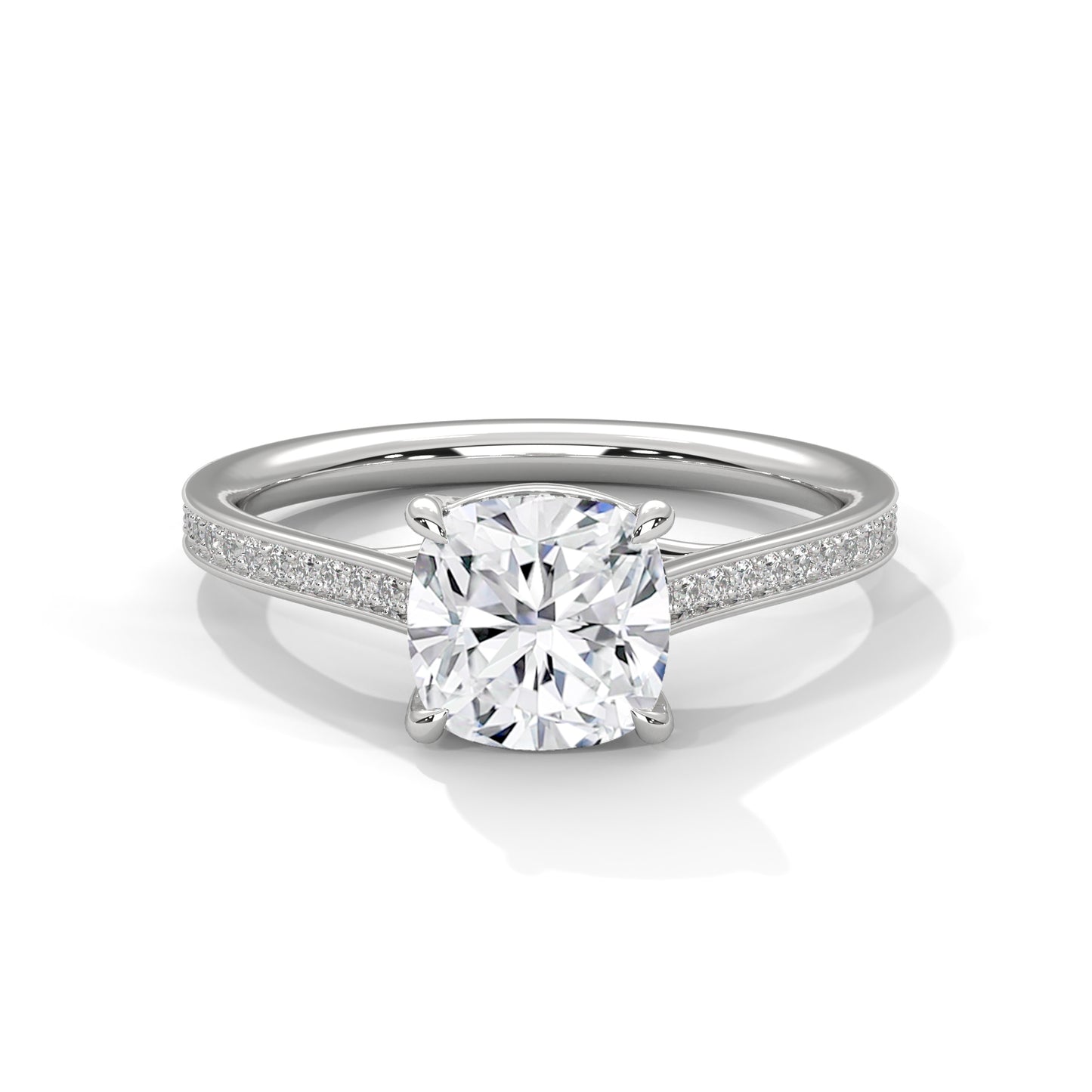 2ct Cushion Cut Lab Diamond Engagement Ring with Pave Band | Solid Gold Solitaire Ring in Yellow, Rose & White Gold | VVS Clarity