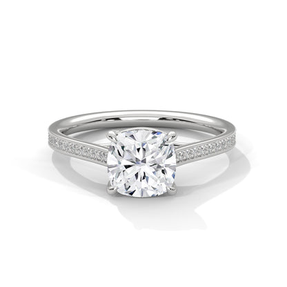 2ct Cushion Cut Lab Diamond Engagement Ring with Pave Band | Solid Gold Solitaire Ring in Yellow, Rose & White Gold | VVS Clarity