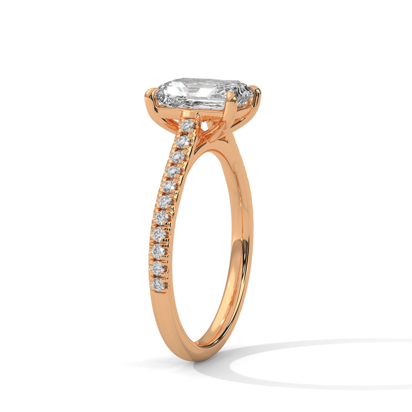 Emerald Cut Lab Diamond Engagement Ring–2ct Solitaire with Pave Band | 14K/18K/10K Yellow/Rose/White Gold | Elegant Lab Grown Diamond Ring
