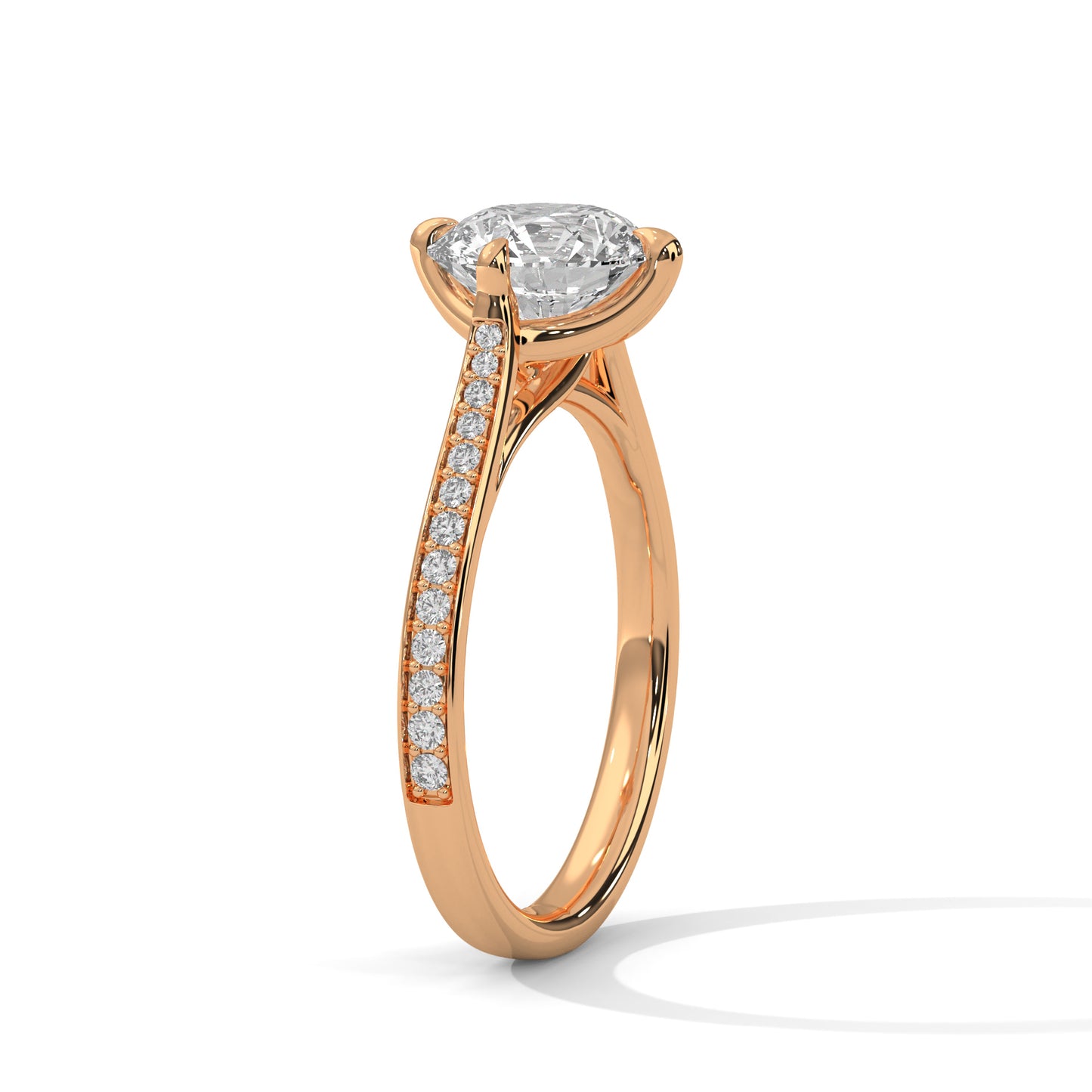 Round Brilliant Solitaire Lab Diamond Engagement Ring with Pave Band – 2ct VVS Clarity – Solid Gold in Yellow, Rose & White