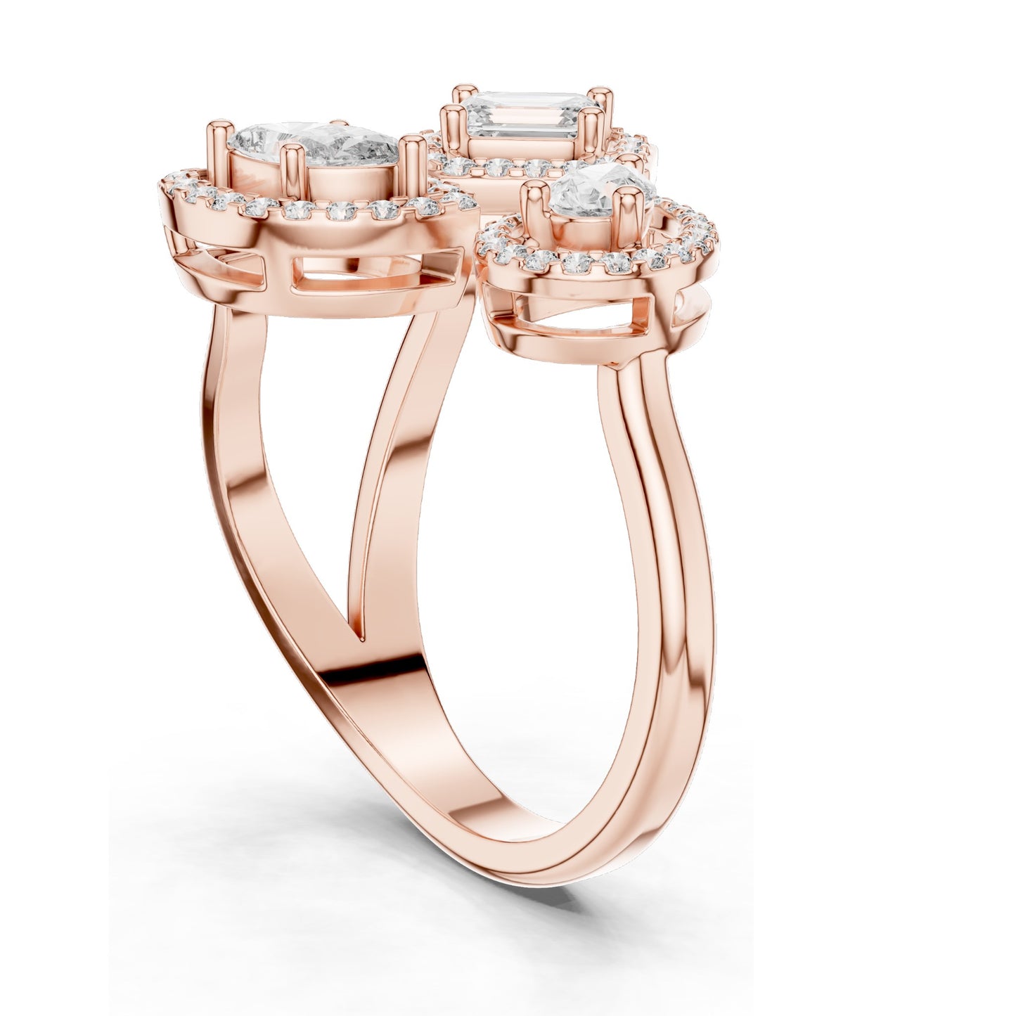 0.92 CT Lab Diamond Three-Stone Ring for Women | VVS-VS EF Clarity | Emerald, Pear & Oval Cut with Halo Setting | 18KT, 14KT, 10KT Gold & 925 Silver | Rose, Yellow, White Gold & Moissanite Options