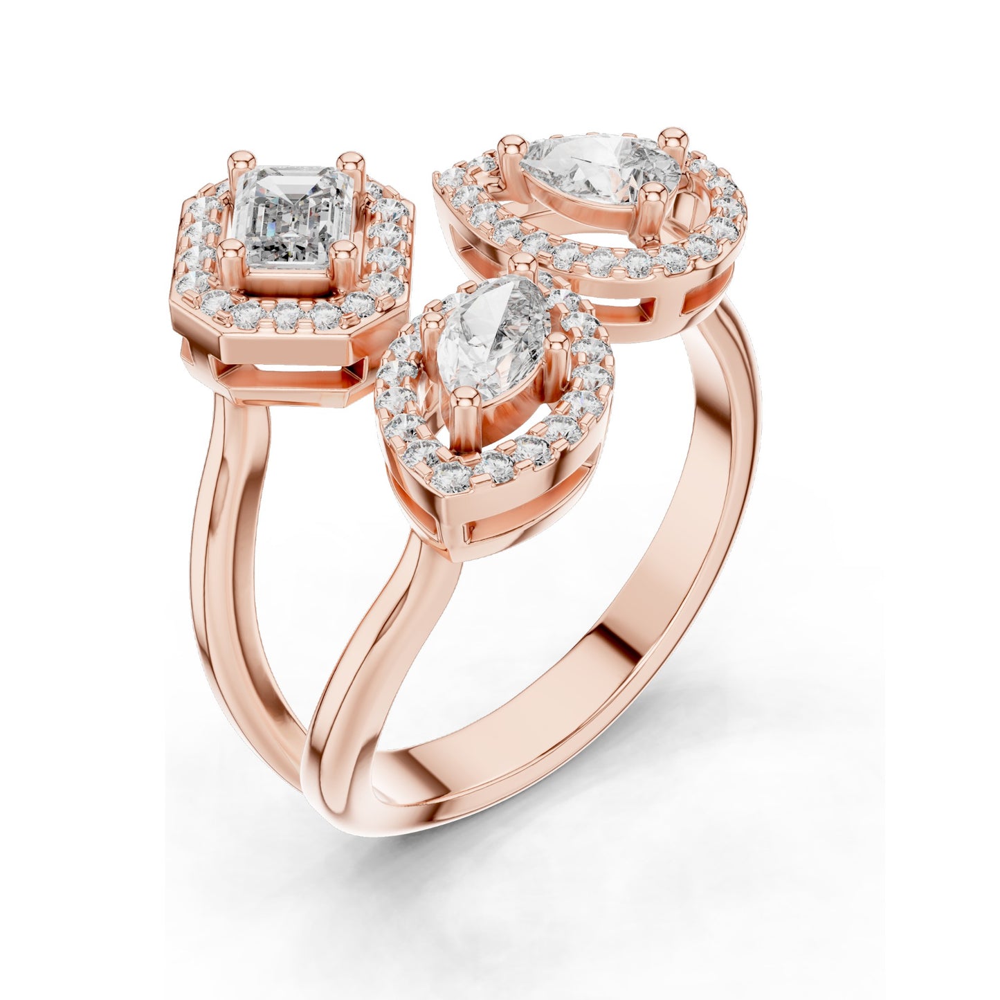 0.92 CT Lab Diamond Three-Stone Ring for Women | VVS-VS EF Clarity | Emerald, Pear & Oval Cut with Halo Setting | 18KT, 14KT, 10KT Gold & 925 Silver | Rose, Yellow, White Gold & Moissanite Options