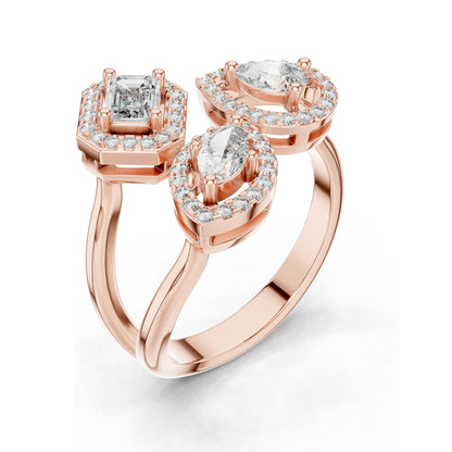 0.92 CT Lab Diamond Three-Stone Ring for Women | VVS-VS EF Clarity | Emerald, Pear & Oval Cut with Halo Setting | 18KT, 14KT, 10KT Gold & 925 Silver | Rose, Yellow, White Gold & Moissanite Options