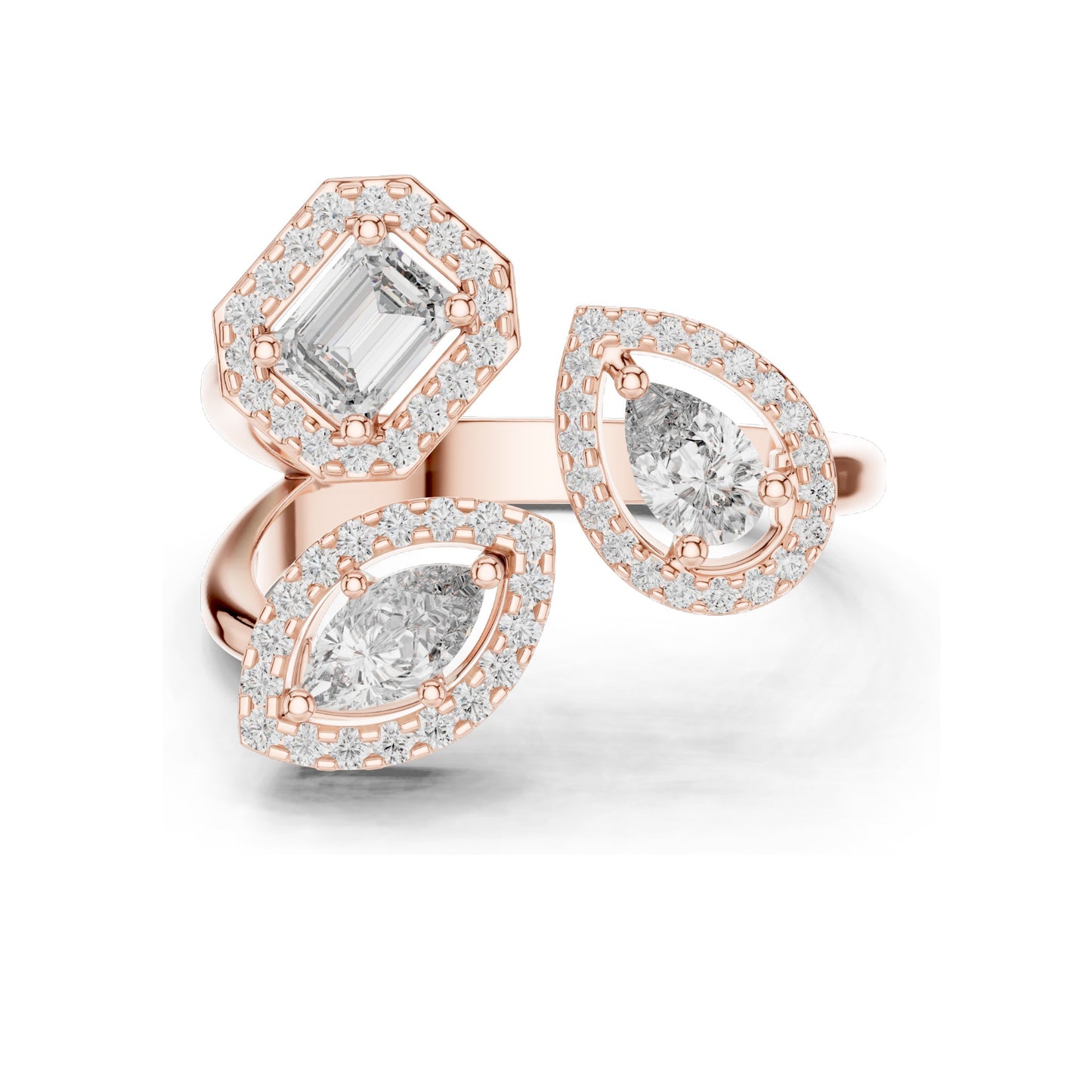 0.92 CT Lab Diamond Three-Stone Ring for Women | VVS-VS EF Clarity | Emerald, Pear & Oval Cut with Halo Setting | 18KT, 14KT, 10KT Gold & 925 Silver | Rose, Yellow, White Gold & Moissanite Options