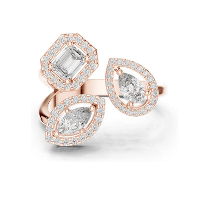 0.92 CT Lab Diamond Three-Stone Ring for Women | VVS-VS EF Clarity | Emerald, Pear & Oval Cut with Halo Setting | 18KT, 14KT, 10KT Gold & 925 Silver | Rose, Yellow, White Gold & Moissanite Options