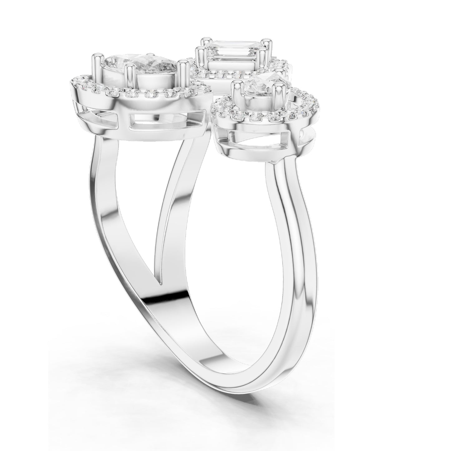 0.92 CT Lab Diamond Three-Stone Ring for Women | VVS-VS EF Clarity | Emerald, Pear & Oval Cut with Halo Setting | 18KT, 14KT, 10KT Gold & 925 Silver | Rose, Yellow, White Gold & Moissanite Options