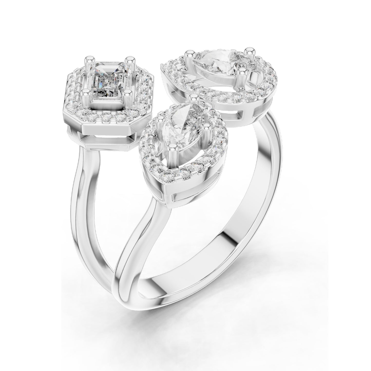 0.92 CT Lab Diamond Three-Stone Ring for Women | VVS-VS EF Clarity | Emerald, Pear & Oval Cut with Halo Setting | 18KT, 14KT, 10KT Gold & 925 Silver | Rose, Yellow, White Gold & Moissanite Options