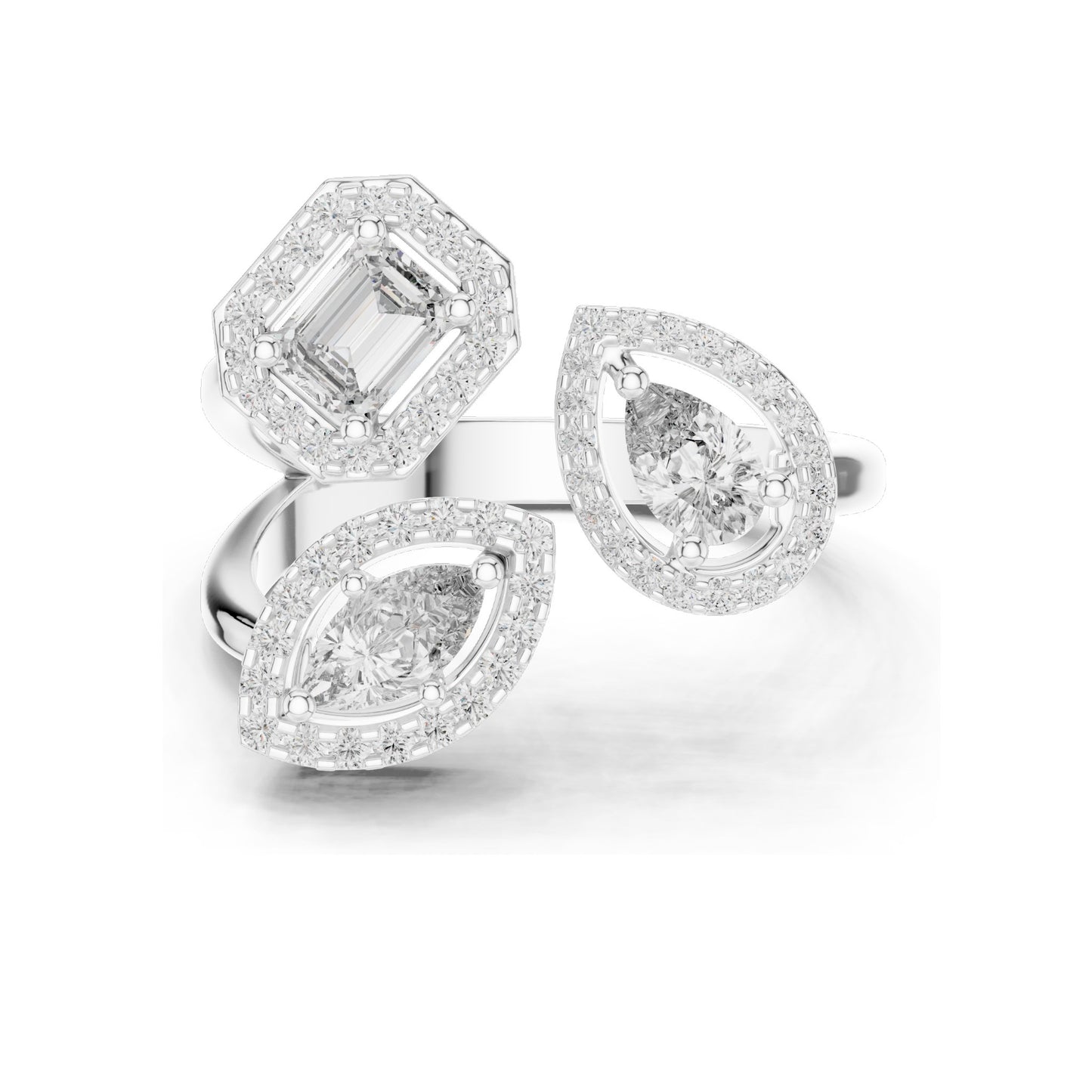 0.92 CT Lab Diamond Three-Stone Ring for Women | VVS-VS EF Clarity | Emerald, Pear & Oval Cut with Halo Setting | 18KT, 14KT, 10KT Gold & 925 Silver | Rose, Yellow, White Gold & Moissanite Options