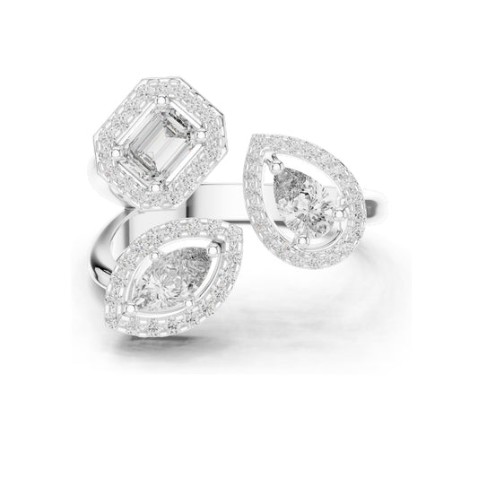 0.92 CT Lab Diamond Three-Stone Ring for Women | VVS-VS EF Clarity | Emerald, Pear & Oval Cut with Halo Setting | 18KT, 14KT, 10KT Gold & 925 Silver | Rose, Yellow, White Gold & Moissanite Options