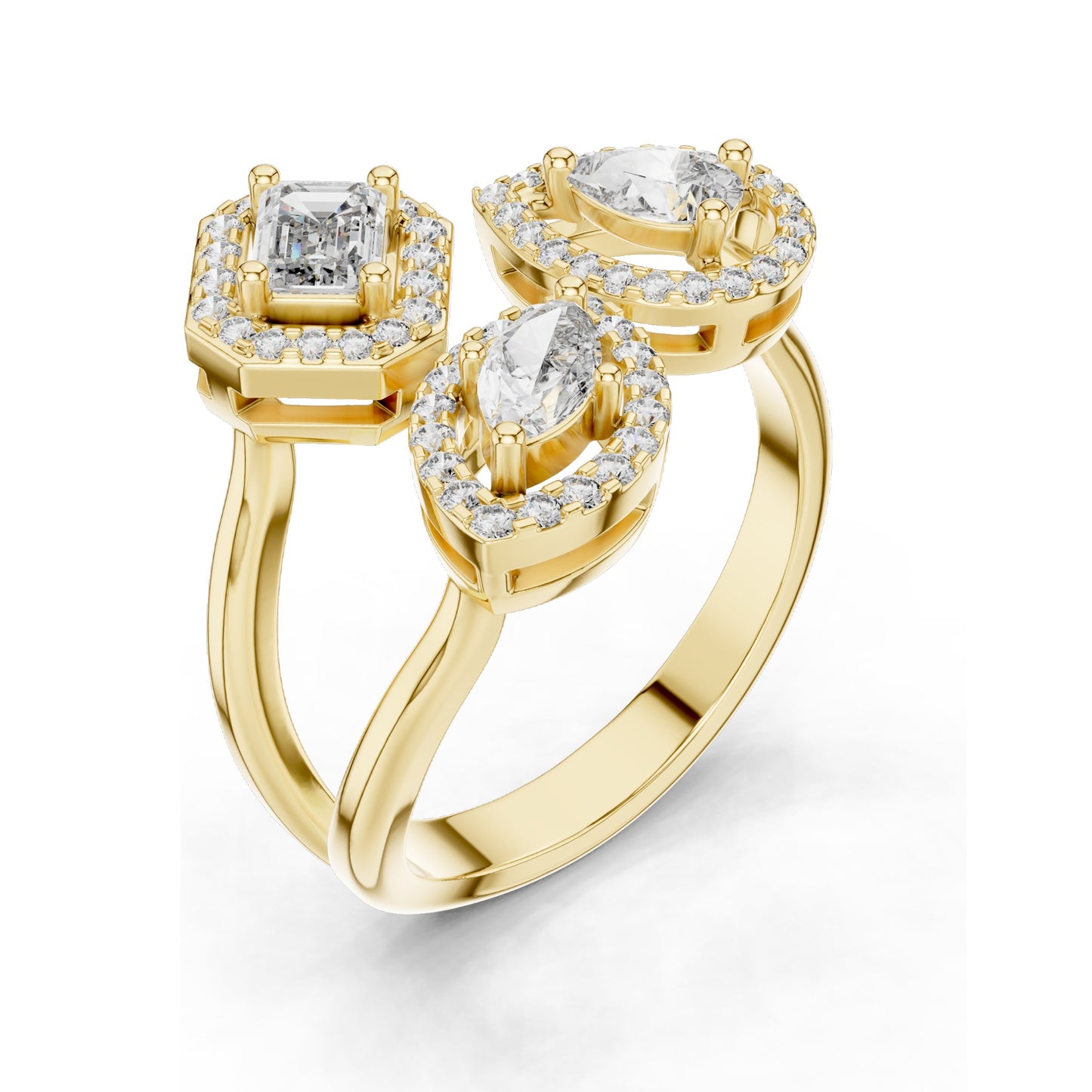 0.92 CT Lab Diamond Three-Stone Ring for Women | VVS-VS EF Clarity | Emerald, Pear & Oval Cut with Halo Setting | 18KT, 14KT, 10KT Gold & 925 Silver | Rose, Yellow, White Gold & Moissanite Options