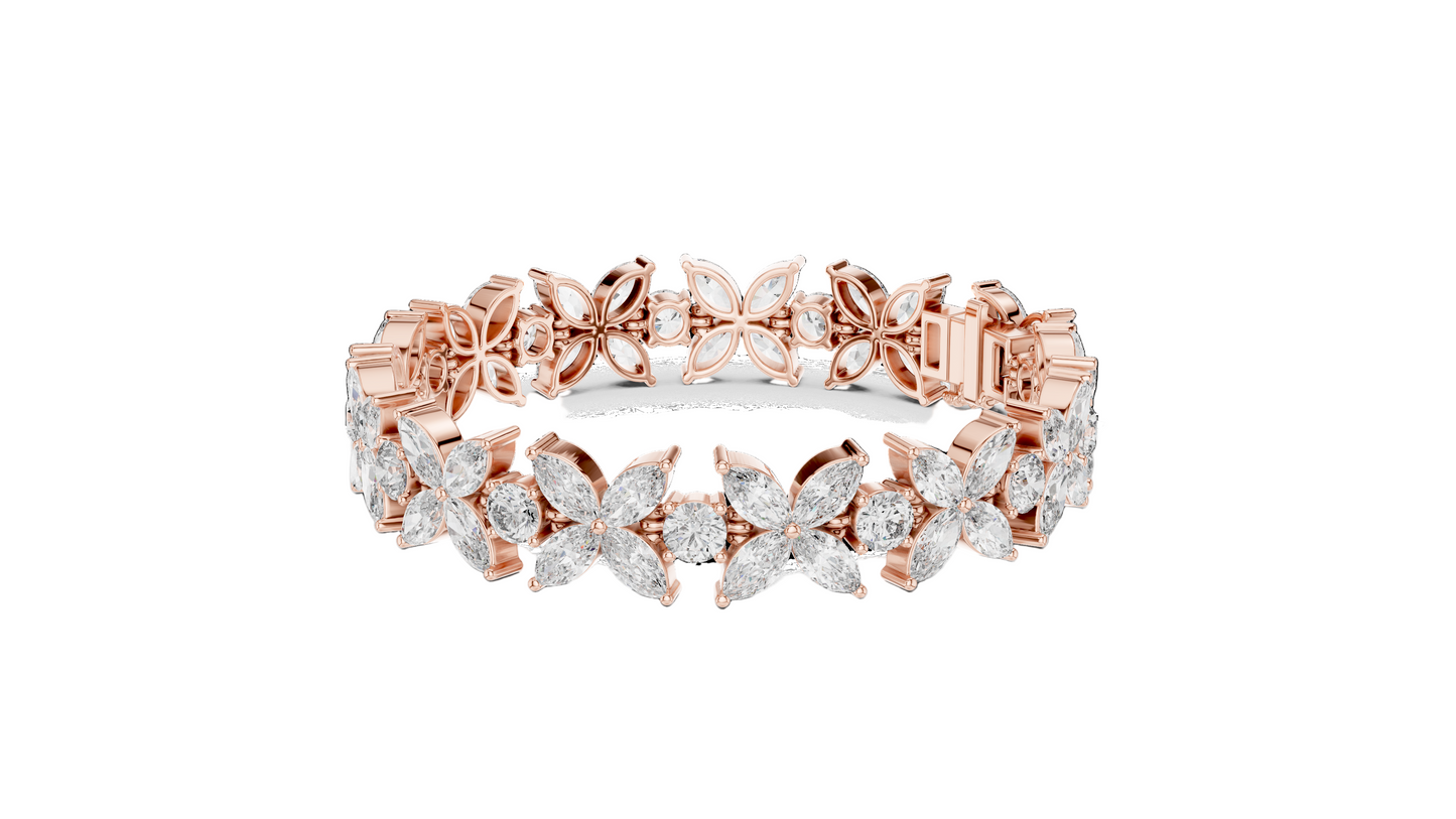 14.05 CT Lab Diamond Flower Bracelet | VVS-VS-EF CVD Diamonds | 18KT, 14KT, 10KT Gold & 925 Silver | Moissanite & Brilliant Marquise Cut | Rose, Yellow, White Gold Options