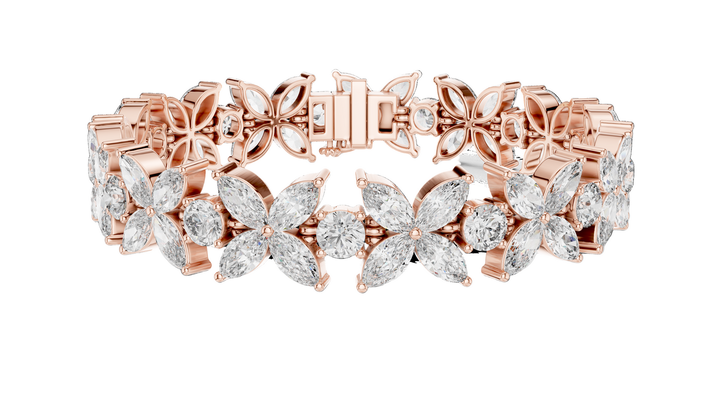 14.05 CT Lab Diamond Flower Bracelet | VVS-VS-EF CVD Diamonds | 18KT, 14KT, 10KT Gold & 925 Silver | Moissanite & Brilliant Marquise Cut | Rose, Yellow, White Gold Options