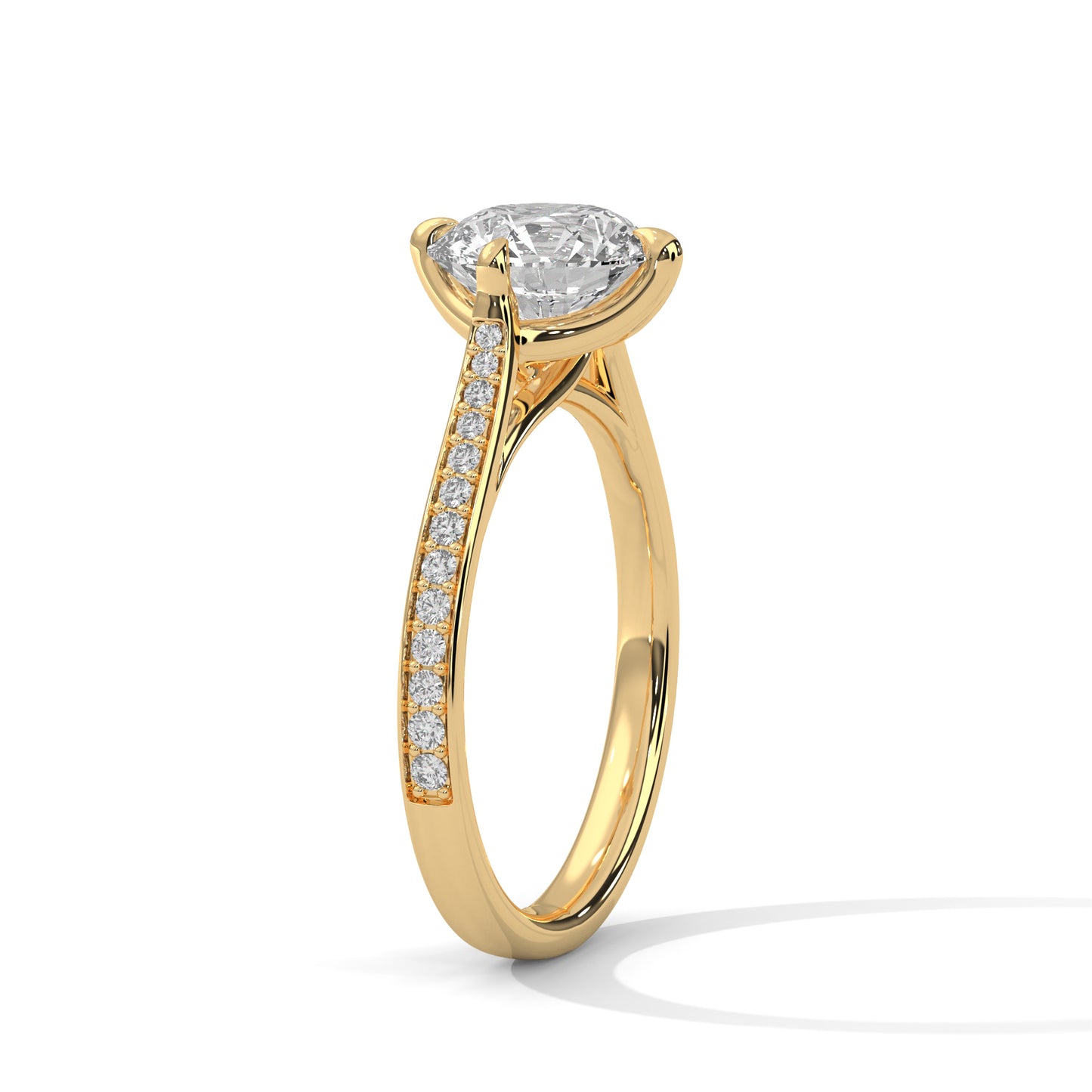 Round Brilliant Solitaire Lab Diamond Engagement Ring with Pave Band – 2ct VVS Clarity – Solid Gold in Yellow, Rose & White
