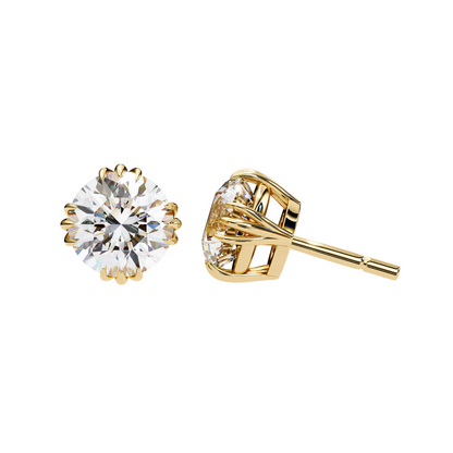 3ct Lab Diamond Stud Earrings | 1.50ct Each Solitaire in 10K 14K 18K Gold or 925 Silver | Floral Crown Prong Design | Classic Elegant Gift
