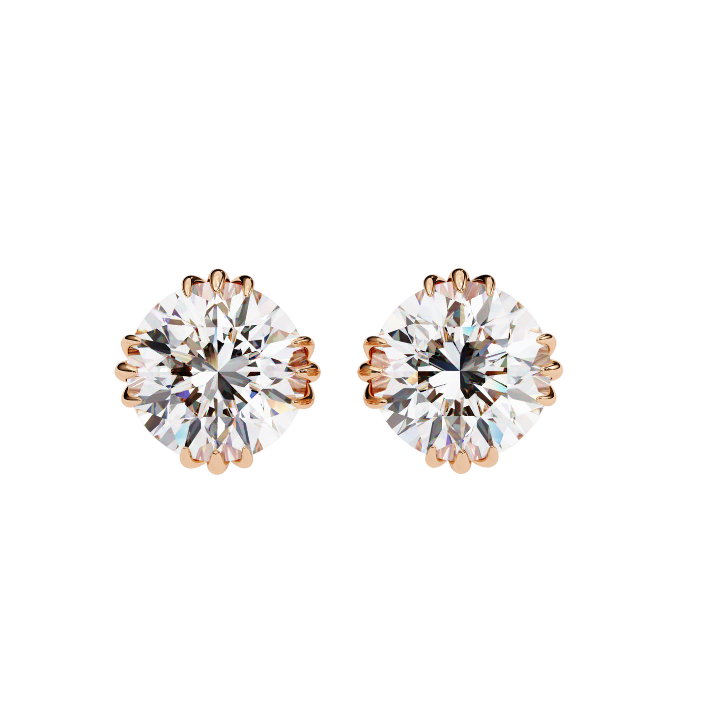 3ct Lab Diamond Stud Earrings | 1.50ct Each Solitaire in 10K 14K 18K Gold or 925 Silver | Floral Crown Prong Design | Classic Elegant Gift