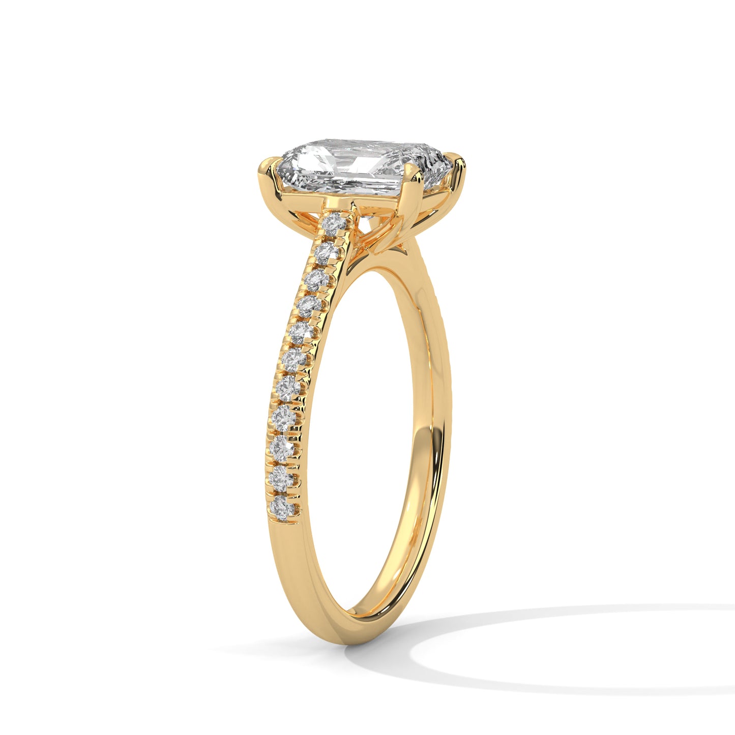 Emerald Cut Lab Diamond Engagement Ring–2ct Solitaire with Pave Band | 14K/18K/10K Yellow/Rose/White Gold | Elegant Lab Grown Diamond Ring