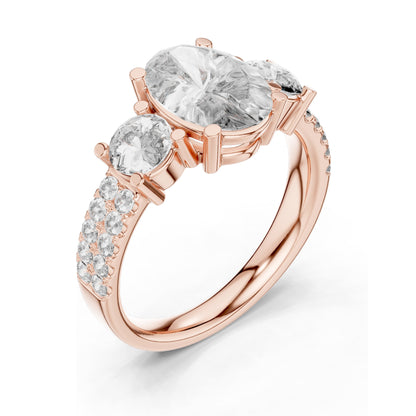 3.10 CT Oval & Round Brilliant Cut Lab Diamond Three-Stone Ring for Women | VVS-VS EF Clarity | 18KT, 14KT, 10KT Gold & 925 Silver | Rose, Yellow, White Gold & Moissanite Options