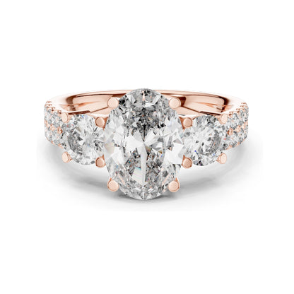 3.10 CT Oval & Round Brilliant Cut Lab Diamond Three-Stone Ring for Women | VVS-VS EF Clarity | 18KT, 14KT, 10KT Gold & 925 Silver | Rose, Yellow, White Gold & Moissanite Options