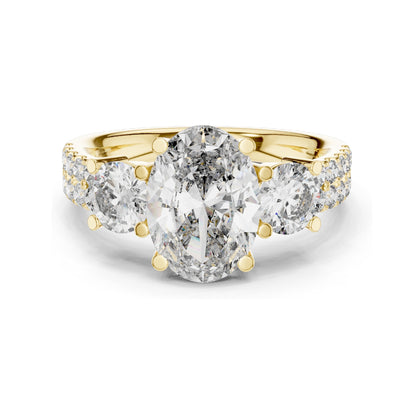 3.10 CT Oval & Round Brilliant Cut Lab Diamond Three-Stone Ring for Women | VVS-VS EF Clarity | 18KT, 14KT, 10KT Gold & 925 Silver | Rose, Yellow, White Gold & Moissanite Options
