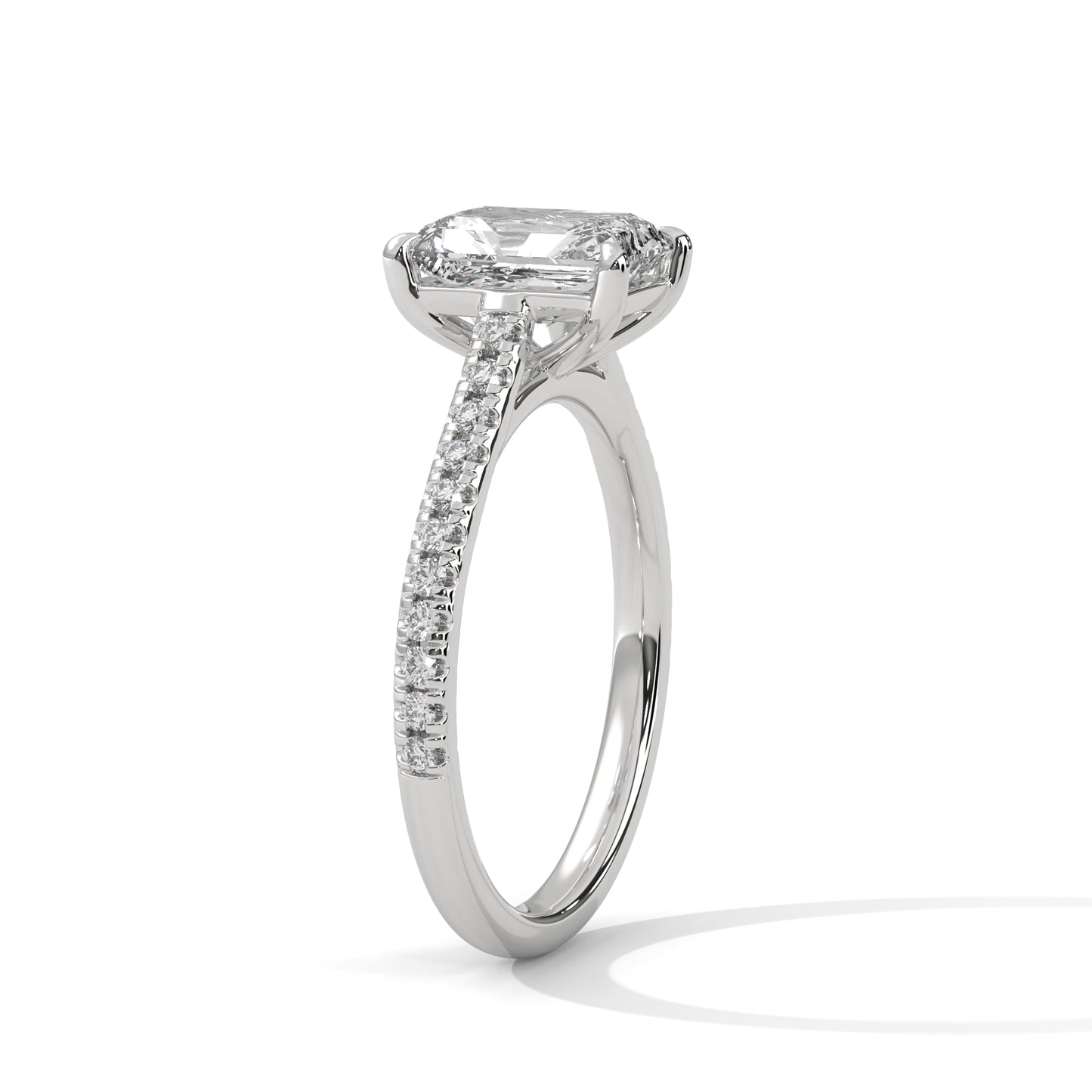Emerald Cut Lab Diamond Engagement Ring–2ct Solitaire with Pave Band | 14K/18K/10K Yellow/Rose/White Gold | Elegant Lab Grown Diamond Ring