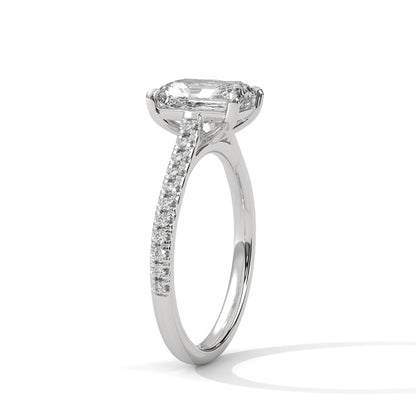 Emerald Cut Lab Diamond Engagement Ring–2ct Solitaire with Pave Band | 14K/18K/10K Yellow/Rose/White Gold | Elegant Lab Grown Diamond Ring