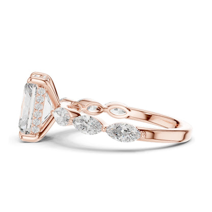 3.7 CT Radiant Cut Lab Diamond Engagement Ring with Marquise Side Stones | VVS-VS EF Clarity | 18KT, 14KT, 10KT Gold & 925 Silver | Rose, Yellow, White Gold & Moissanite Options