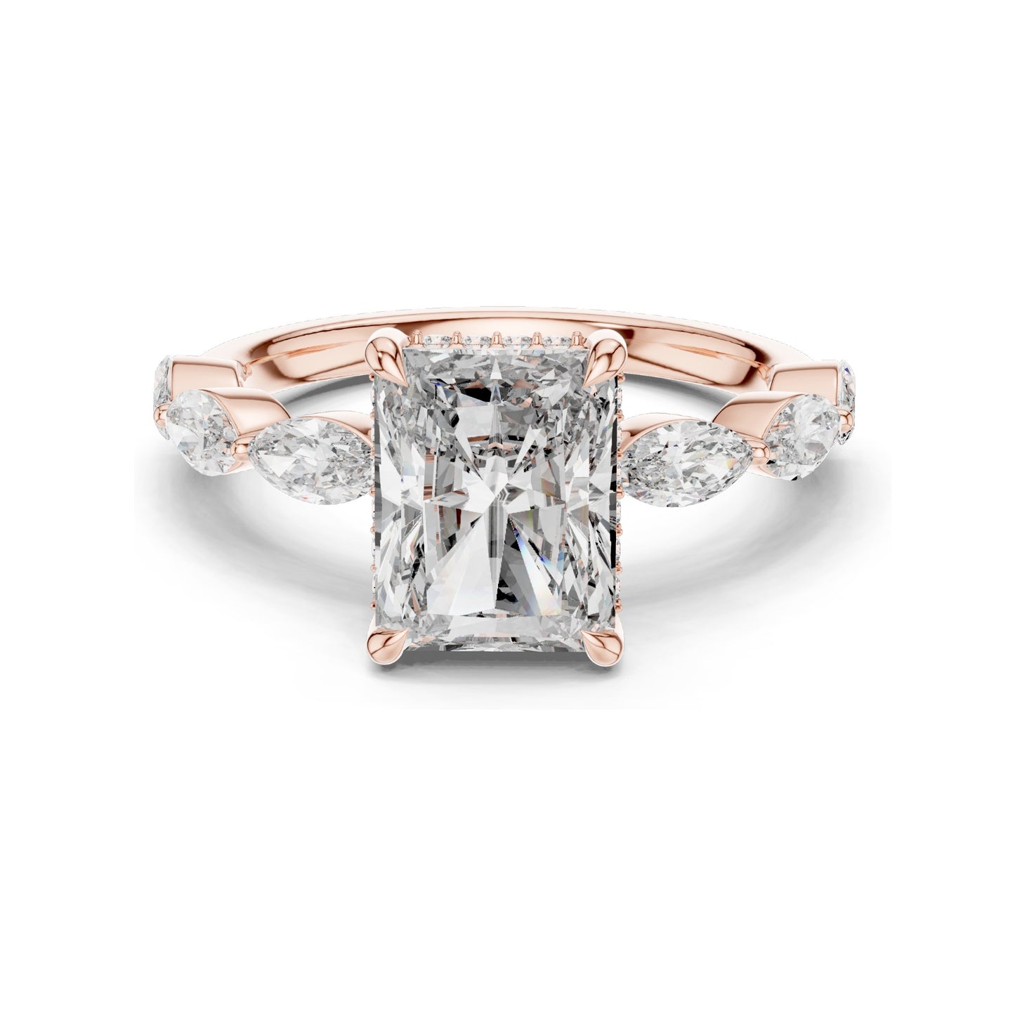 3.7 CT Radiant Cut Lab Diamond Engagement Ring with Marquise Side Stones | VVS-VS EF Clarity | 18KT, 14KT, 10KT Gold & 925 Silver | Rose, Yellow, White Gold & Moissanite Options