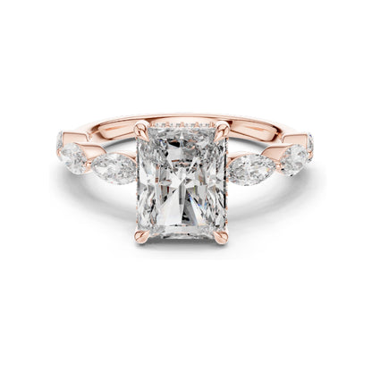 3.7 CT Radiant Cut Lab Diamond Engagement Ring with Marquise Side Stones | VVS-VS EF Clarity | 18KT, 14KT, 10KT Gold & 925 Silver | Rose, Yellow, White Gold & Moissanite Options