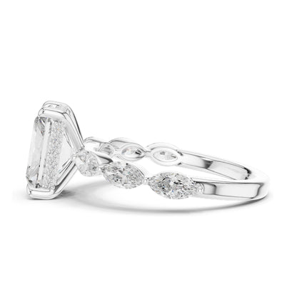 3.7 CT Radiant Cut Lab Diamond Engagement Ring with Marquise Side Stones | VVS-VS EF Clarity | 18KT, 14KT, 10KT Gold & 925 Silver | Rose, Yellow, White Gold & Moissanite Options