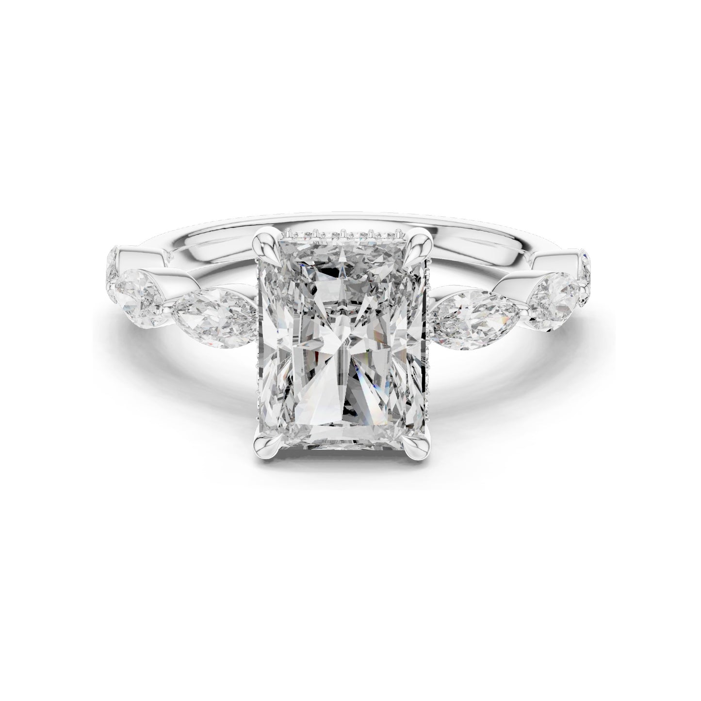 3.7 CT Radiant Cut Lab Diamond Engagement Ring with Marquise Side Stones | VVS-VS EF Clarity | 18KT, 14KT, 10KT Gold & 925 Silver | Rose, Yellow, White Gold & Moissanite Options