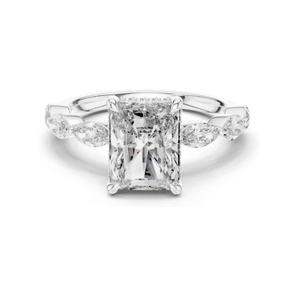 3.7 CT Radiant Cut Lab Diamond Engagement Ring with Marquise Side Stones | VVS-VS EF Clarity | 18KT, 14KT, 10KT Gold & 925 Silver | Rose, Yellow, White Gold & Moissanite Options