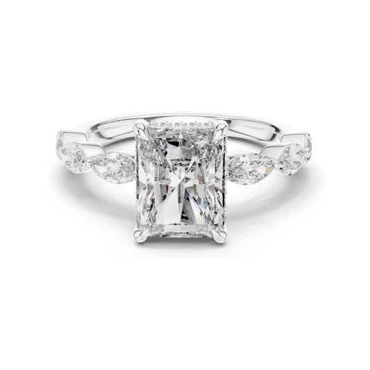 3.7 CT Radiant Cut Lab Diamond Engagement Ring with Marquise Side Stones | VVS-VS EF Clarity | 18KT, 14KT, 10KT Gold & 925 Silver | Rose, Yellow, White Gold & Moissanite Options