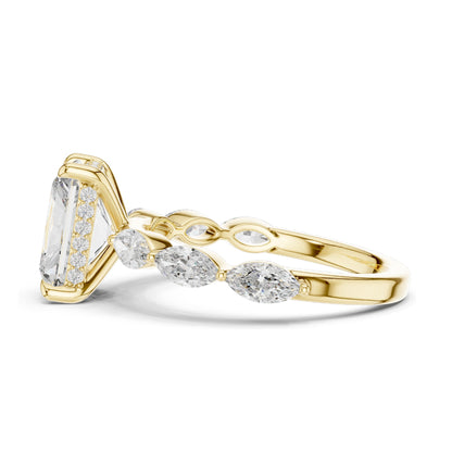3.7 CT Radiant Cut Lab Diamond Engagement Ring with Marquise Side Stones | VVS-VS EF Clarity | 18KT, 14KT, 10KT Gold & 925 Silver | Rose, Yellow, White Gold & Moissanite Options