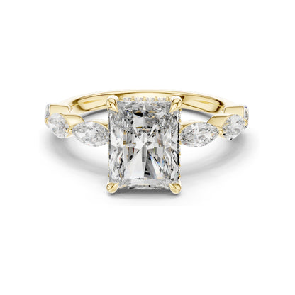 3.7 CT Radiant Cut Lab Diamond Engagement Ring with Marquise Side Stones | VVS-VS EF Clarity | 18KT, 14KT, 10KT Gold & 925 Silver | Rose, Yellow, White Gold & Moissanite Options