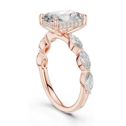 3.7 CT Radiant Cut Lab Diamond Engagement Ring with Marquise Side Stones | VVS-VS EF Clarity | 18KT, 14KT, 10KT Gold & 925 Silver | Rose, Yellow, White Gold & Moissanite Options