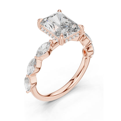 3.7 CT Radiant Cut Lab Diamond Engagement Ring with Marquise Side Stones | VVS-VS EF Clarity | 18KT, 14KT, 10KT Gold & 925 Silver | Rose, Yellow, White Gold & Moissanite Options